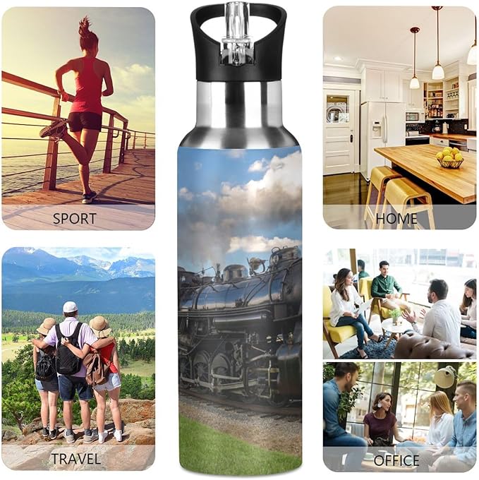 Vintage Steam Train Stainless Steel Water Bottle with Straw Lid - 20 Oz Sports Insulated Water Bottle Thermos for Sport Gym Outdoor Travel School