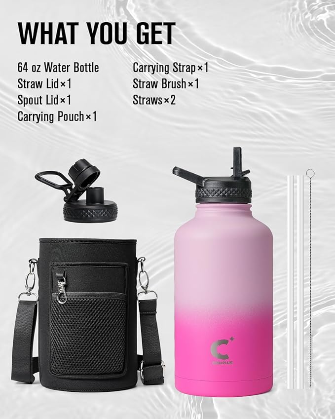 64oz Insulated Water Bottle, Coolplus Half Gallon Water Jug With Straw Stainless Steel Double-Walled Vacuum Metal Large Flask With Carry Sleeve Bpa-Free Leakproof, Keep Cold 48 Hrs, Pink