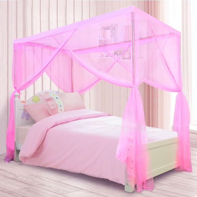 South to East Princess Canopy Bed Curtains for Girls Kids Bed Canopy for Girls 4 Post Bed Curtains Princess Bed Canopy for Girls Room Decor Twin Size Pink, 79" * 39" * 75"