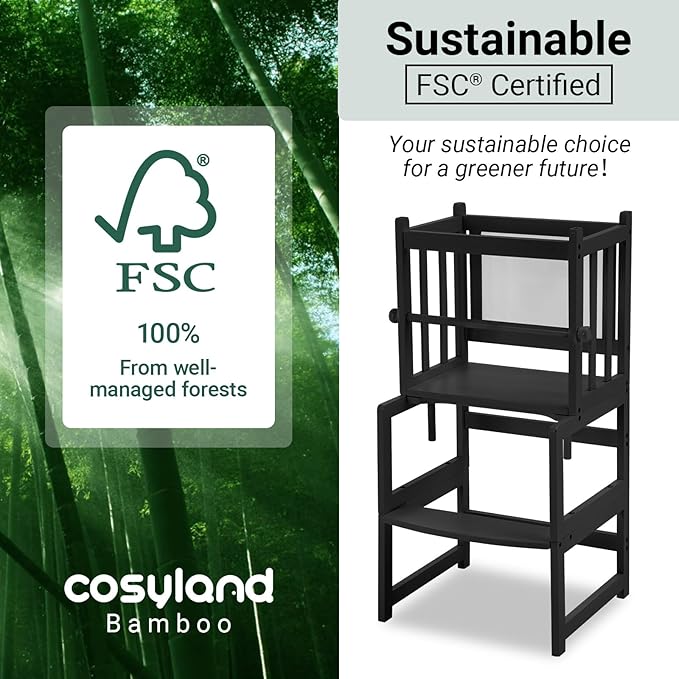 COSYLAND 3-in-1 Multifunctional Toddler Standing Tower, Kids Kitchen Step Stool with Whiteboard, Desk Table and Chair, Enjoys Unique Patented Design,FSC,CPC,SOR,CE, Black