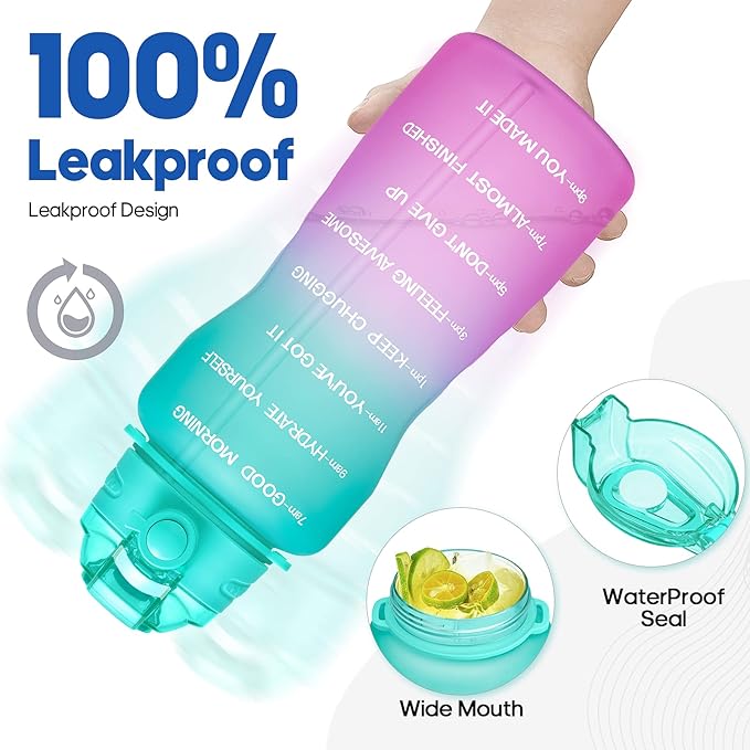 Water Bottles 1 / Half Gallon with Time Marker and Straw, Large Fitness Sports Motivational Bottle, Wide Mouth Leakproof and BPA Free for Travel, Gym,office,school
