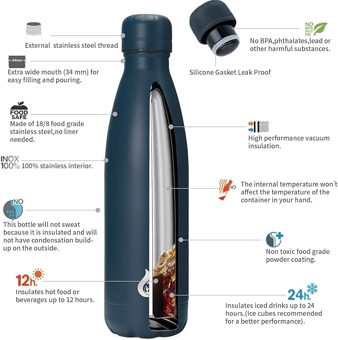 BJPKPK Insulated Water Bottle 17oz Stainless Steel Water Bottles Dishwasher Safe Sports Water Bottles-Navy Blue