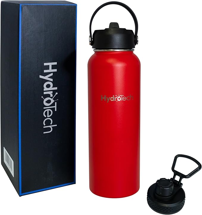 HydroTech Stainless Steel Leak Proof Water Bottle with Double Wall Insulation and 2 Lids (Straw Lid) - 40 OZ. (Red)