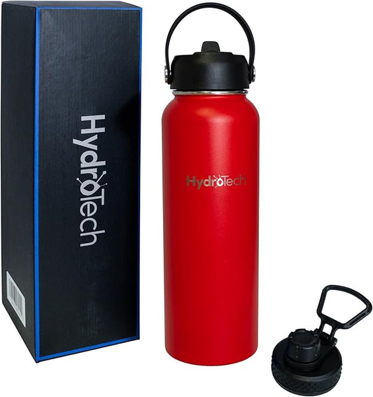 HydroTech Stainless Steel Leak Proof Water Bottle with Double Wall Insulation and 2 Lids (Straw Lid) - 40 OZ. (Red)