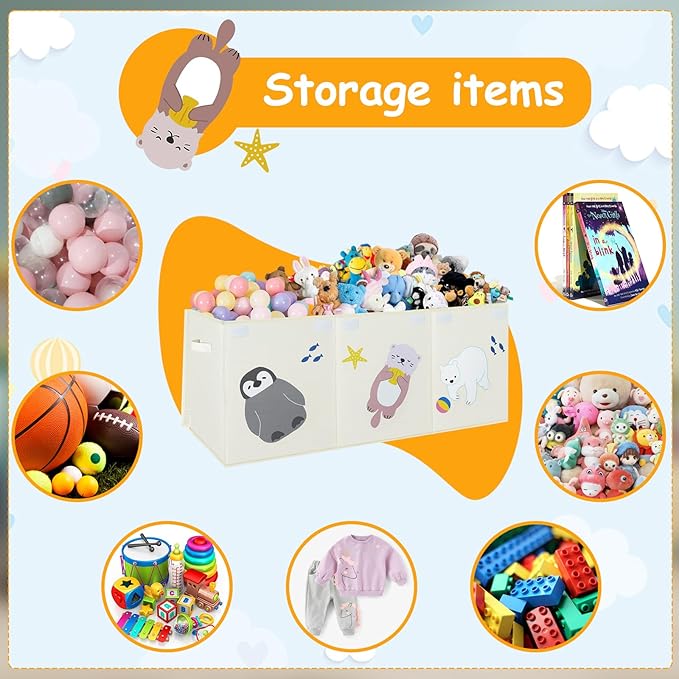 Large Toy Box Storage Chest,Sturdy Toys Storage Organizer Bin Basket with Dividers and Lids for Toddlers,Boys,Girls,Nursery,Closet,Living Room Area,Playroom(Beige Animals)