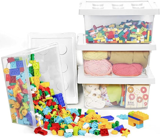 loobuu Toy Storage Organizer Bins with Lid - Stackable Plastic Organizer Box Set of 4, Kids Toy Chests with Compatible Building Baseplate and Lid, Storage Container for Building Bricks & Toys-White