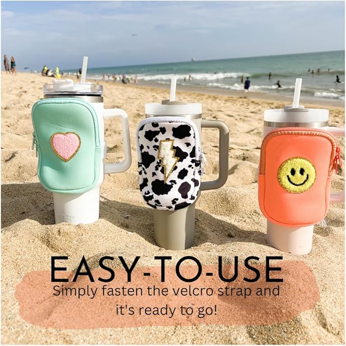 Water Bottle Pouch For Tumblers, Gym Accessories, Unisex | Compatible w/ 20-48oz Tumblers Including Stanley Quencher | Holds Phone, Wallet, Keys, Cards, & More (Neon Orange/Smile Face)