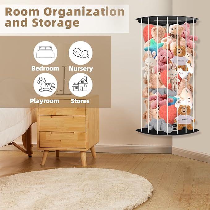 Stuffed Animal Storage Corner Plush Toy Organizer Storage Kids Room Holder with Length Adjustable Large Toys Wall Hanging Shelf for Nursery Playroom Bedroom Sturdy Metal (Semicircular)