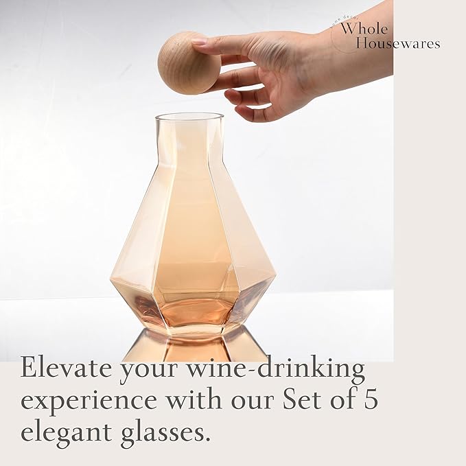 WHOLE HOUSEWARES Gold Diamond Inspired Wine Glasses Set of 5 - Red and White Wine Glasses - Large Bulbous Crystal Glass - Modern Diamond Wine Carafe with Cork Ball - Valentines Day Gifts