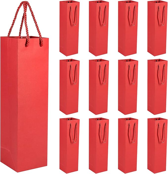 HRX Package Thick Kraft Paper Wine Tote Gift Bags for 1 Bottle, 12PCS Sturdy Paper Wine Gift Bags with Handles for Christmas, Party, Shopping, Retail Merchandise (Red)