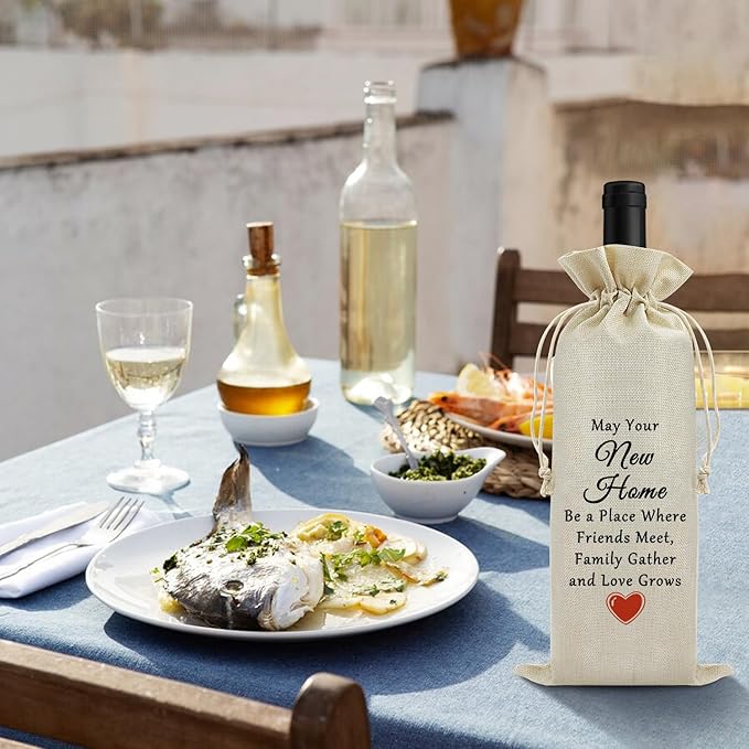 Housewarming Gift for New Home Wine Bag Congratulations Moving House Warming Gift for Women Friends Wine Gift Bag Realtor Gift to Clients Burlap Drawstring Wine Bag Gift First Time House Warming Gift