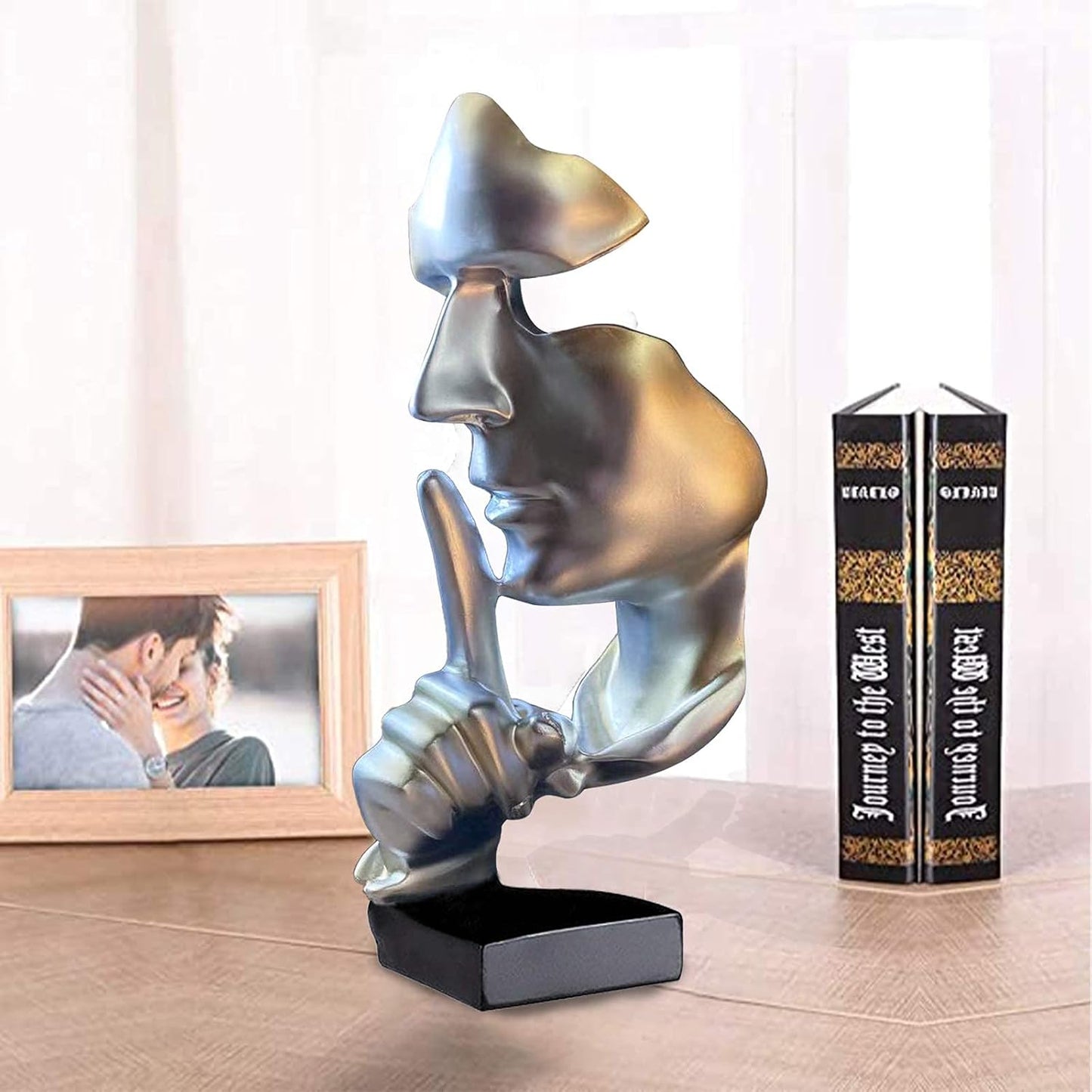 aboxoo Abstract Statues Silence is Gold Decorative Objects,Modern and Simple Resin Figurine,Desk Decoration for Office Home Piano Decor. (Silver)