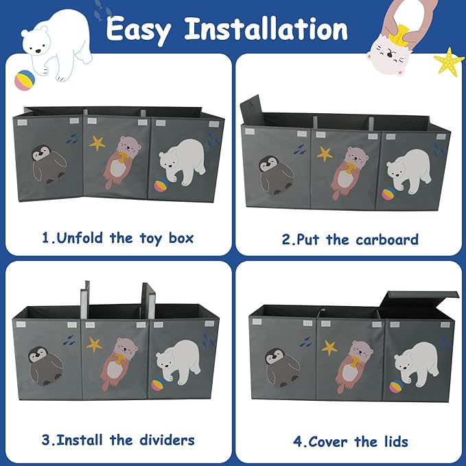 Large Toy Box Storage Chest,Sturdy Toys Storage Organizer Bin Basket with Dividers and Lids for Toddlers,Boys,Girls,Nursery,Closet,Living Room Area,Playroom(Grey Animals)