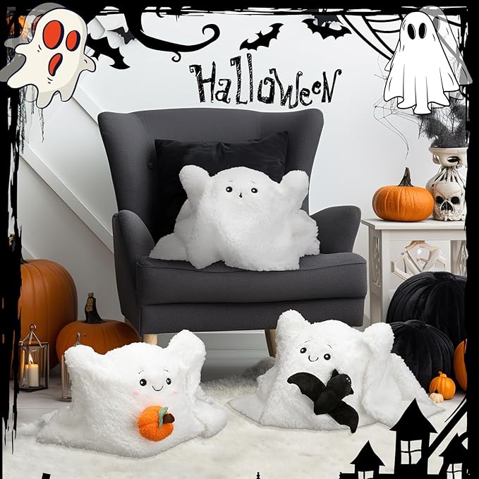3 Pcs Halloween Pillows Ghost Decorative Throw Pillow with Pumpkin Pillow Cute Ghost Decor Halloween Ghost Throw Pillow with Bat Halloween Room Decor for Halloween Party, 14 x 9 Inches