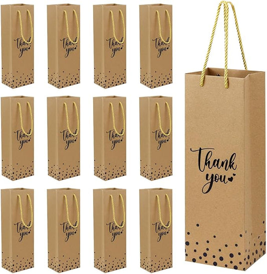 Ssyuysto 12 Pcs Wine Gift Bags for Wine Bottles Elegant Thank You Wine Gift Bags with Metallic Gold Foil Print,4.7"x3.5"x 14.1" Kraft Wine Gift Bags with Rope Handles for Wedding Bottle (Brown)