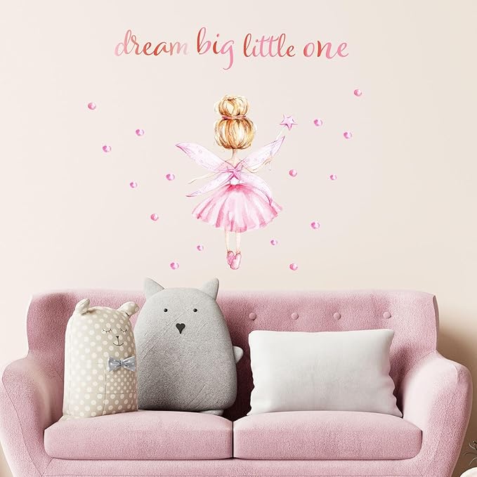 Pink Little Ballerina Decor for Girls Room Dream Big Little One Baby Nursery Wall Decals Peel and Stick Barbie Princess Wall Stickers & Murals for Girls Bedroom Living Room Classroom Playroom