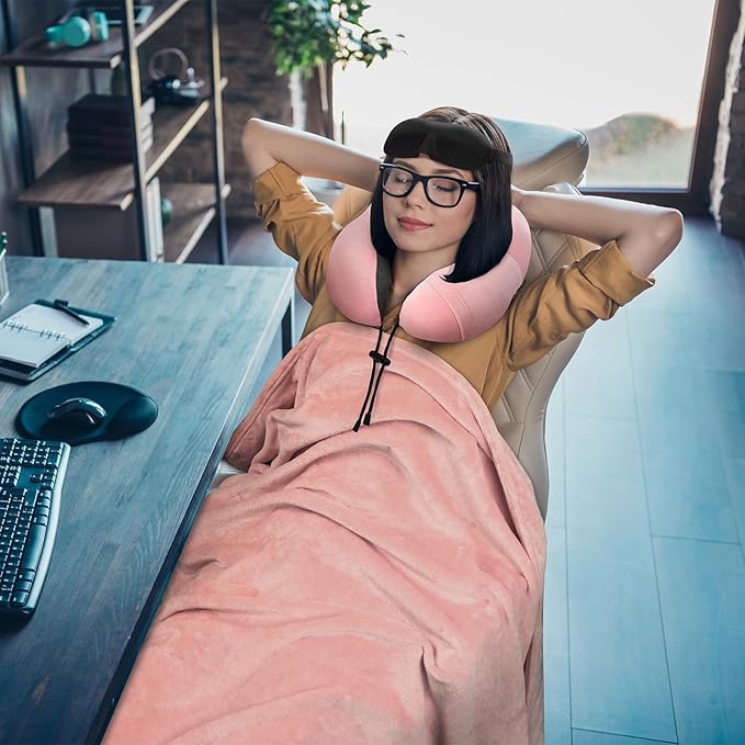 Travel Pillow and Blanket Set Neck Pillows Travel Essentials with Sleep Mask for Airplane Car Memory Foam Pink