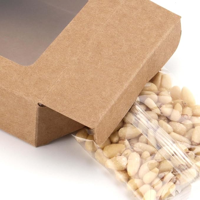 JAPCHET 50 PCS Paper Wine Bottle Box, Kraft Wine Bottle Box with Hanging Hole and Clear Window Wine Kraft Box for gift giving, wedding and Christmas party