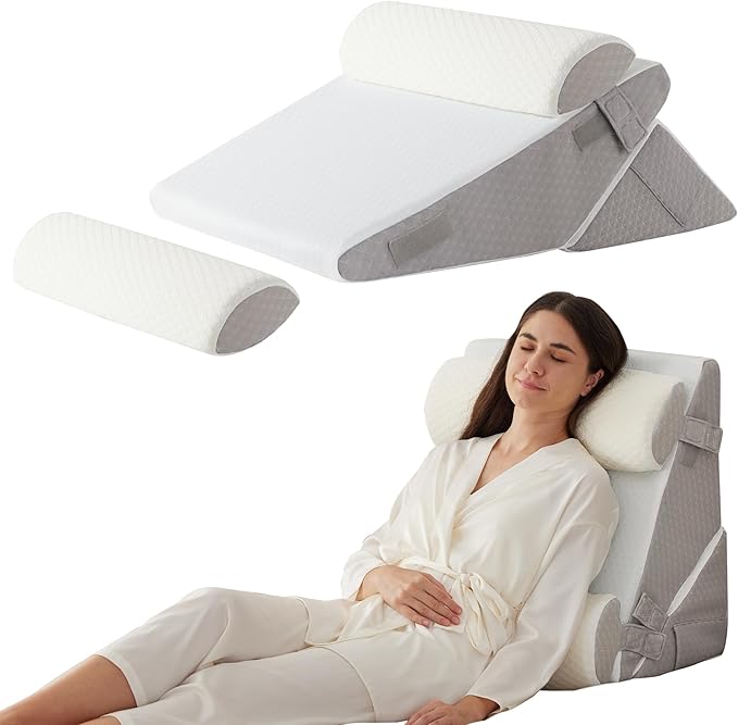4PCS Orthopedic Bed Wedge Pillow Set for Sleeping, Wedge Pillow for Back Pain Relief, 10-in-1 Adjustable Bed Wedge Pillow Post Surgery, Triangle Pillow for Acid Reflux Snoring Gerd, White/Grey