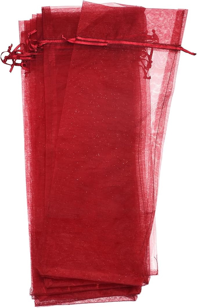 uxcell Organza Wine Bags, 12PCS 14.5 x 5.5 In Deep Red Sheer Mesh Organza Wine Wrapping Bags With Drawstring Wine Gift Pouches for Bottle Birthday, Wedding Party