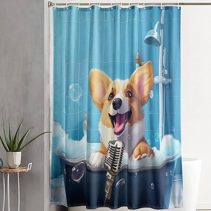 AILONEN Cute Shower Dog Shower Curtain for Kids Boys,Funny Singing Puppy Waterproof Fabric Shower Curtain for Bathroom,Lovely Hilarious Pet Shower Curtain Set with Hooks,72" W*84" H