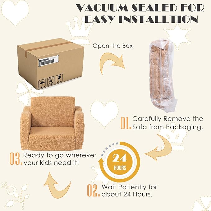 Baby Toddler Sofa Couch for Kids Foldable 2-in-1 Sherpa Fold Out Couch Bed for Playroom, Pull Out Children Convertible Sofa to Lounger Sleeper Chair for Boys & Girls with Double Pockets - Dark Camel