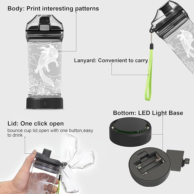 Axolotl Kids Water Bottle with 3D Glowing LED Light - 14 OZ Tritan BPA Free - Creative Ideal Travel Cup Gift for School Kid Boy Child Gamer Holiday Camping Picnic