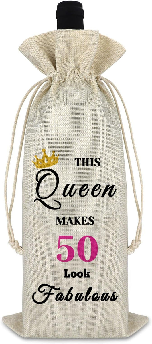 50th Birthday Gift 50 Year Old Gift Wine Bag for Women Party Decor Drawstring Wine Bottle Bag 50th Female Milestone Gift Birthday Mother's Day Christmas Gift for Mom Sister Burlap Wine Cover Bag