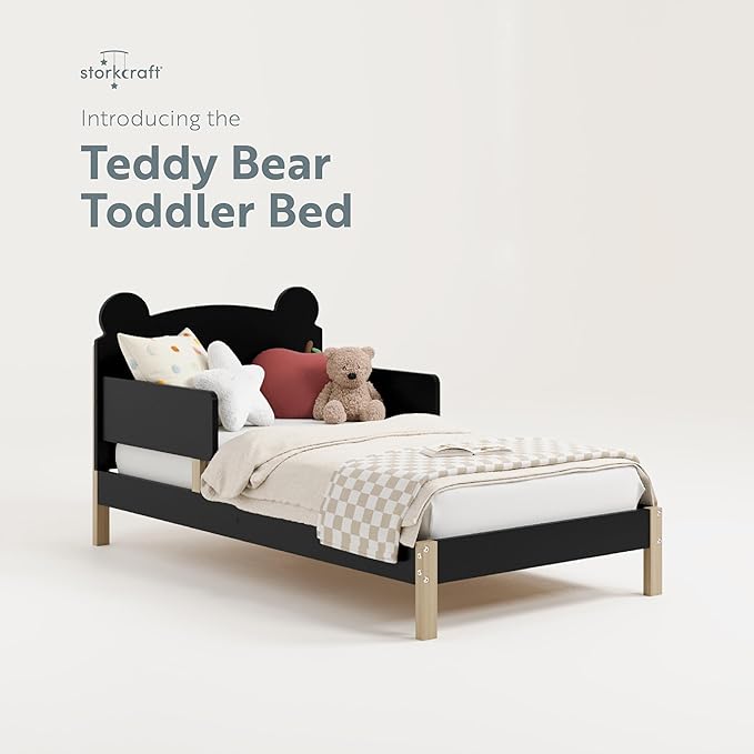 Storkcraft Teddy Bear Toddler Bed (Black with Driftwood) - GREENGUARD Gold Certified, includes Toddler Safety Guardrails, Fits Standard Crib & Toddler Mattress, Stylish 2-Tone Design
