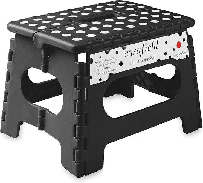 Casafield 9" Folding Step Stool with Handle, Black - Portable Collapsible Small Plastic Foot Stool for Kids and Adults - Use in The Kitchen, Bathroom and Bedroom