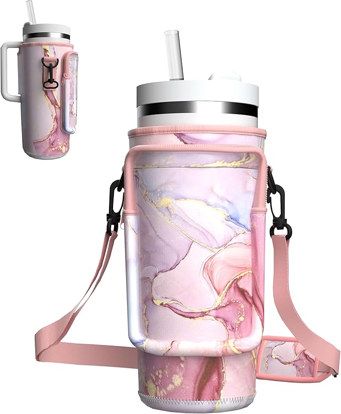 Water Bottle Carrier Bag with Phone Pocket for 40oz Tumbler with Handle, Adjustable Strap Neoprene Water Bottle Sleeve Pouch for Hiking Camping Travelling. (Pink Marble)