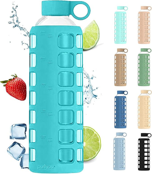 purifyou Premium 40/32 / 22/12 oz Reusable Glass Water Bottles with Time and Volume Markings, Non-Slip Silicone Sleeve & Stainless Steel Lid Insert, for Water, Milk, Fruit Juice (32oz Aqua Blue)