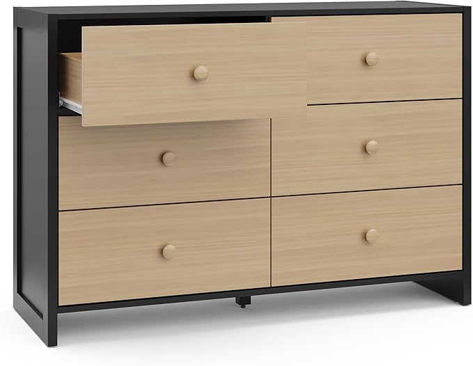 Storkcraft Calabasas 6 Drawer Dresser (Black with Driftwood) - GREENGUARD Gold Certified, 6 Drawer Dresser with Interlocking Drawer System, Dresser Drawer Organizer for Kids' Bedroom