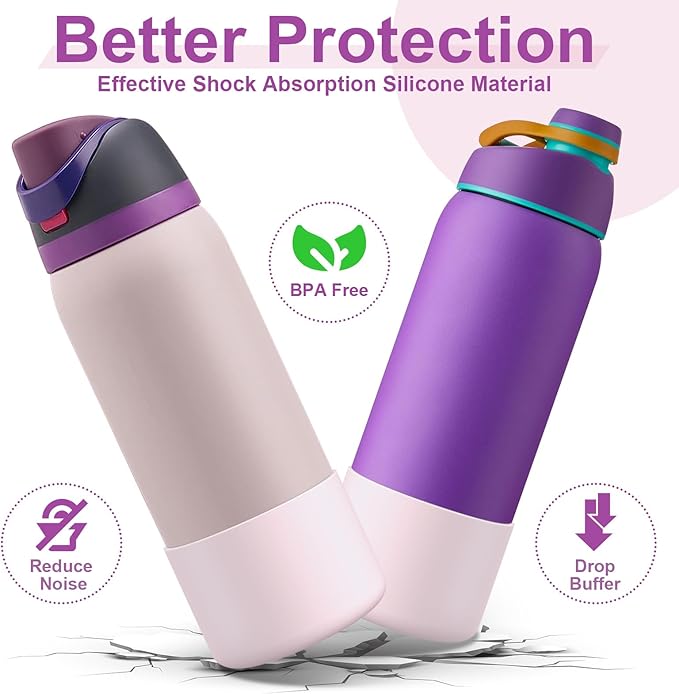 2PCS Silicone Water Bottle Boot for Owala 24oz 32oz 40oz, Anti-Slip Protective Sleeve Bottom Bumper Protector for FreeSip, Twist, and Flip Stainless Steel Water Bottles