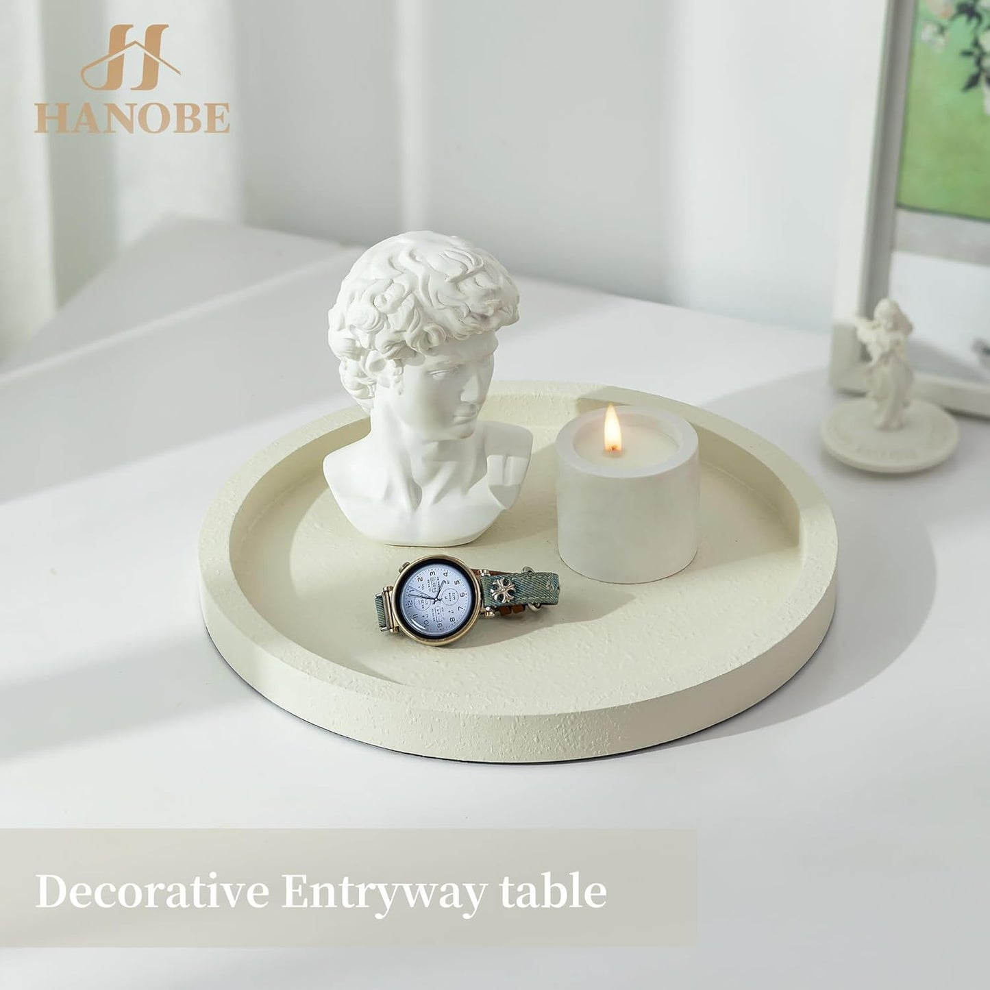 Hanobe Decorative Tray for Coffee Table: Round Ottoman Tray for Living Room 12" Modern Dining Table Organizer Decor Dresser Display Entryway Countertop Cream White