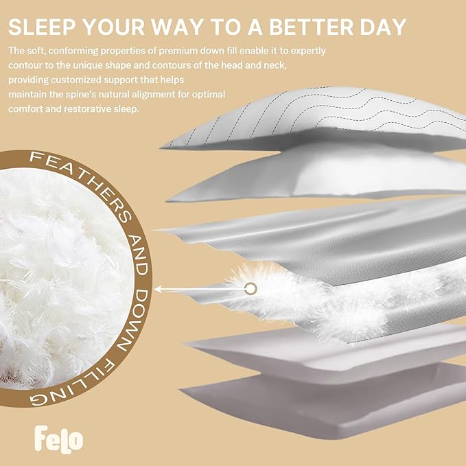 felo Feather Down Pillows Set of 4, Queen Size Goose Pillow for Sleeping, Luxury Hotel Collection Bed Pillow, Support Pillow for Side Back Pain Sleepers, 100% Organic Cotton (20" x 30")