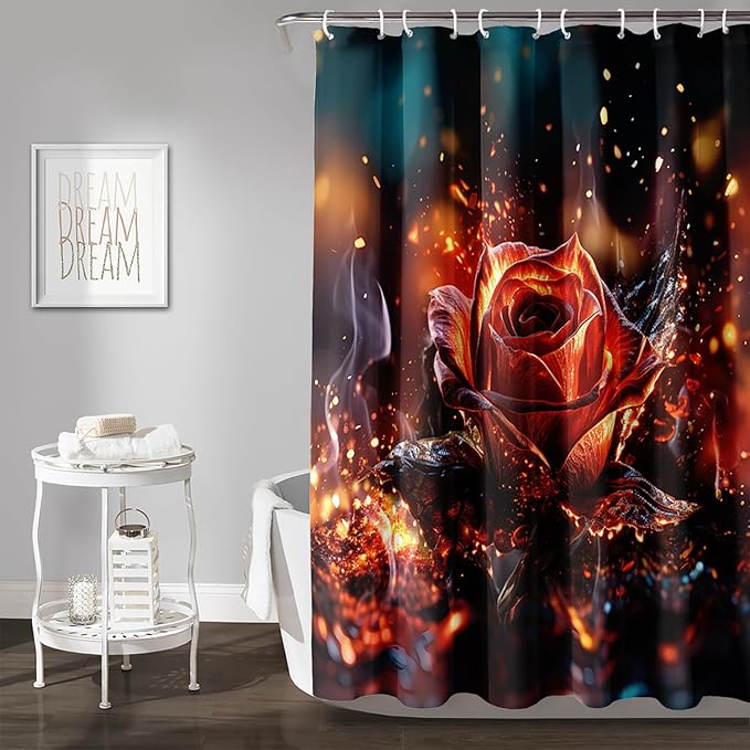 AILONEN 3D Rose Shower Curtain for Bathroom, Romantic Flame Smoky Rose Flower Bath Curtain,Burning Rose Shower Curtain Decoration Waterproof with 12 Plastic Hooks, 60" W*72" H