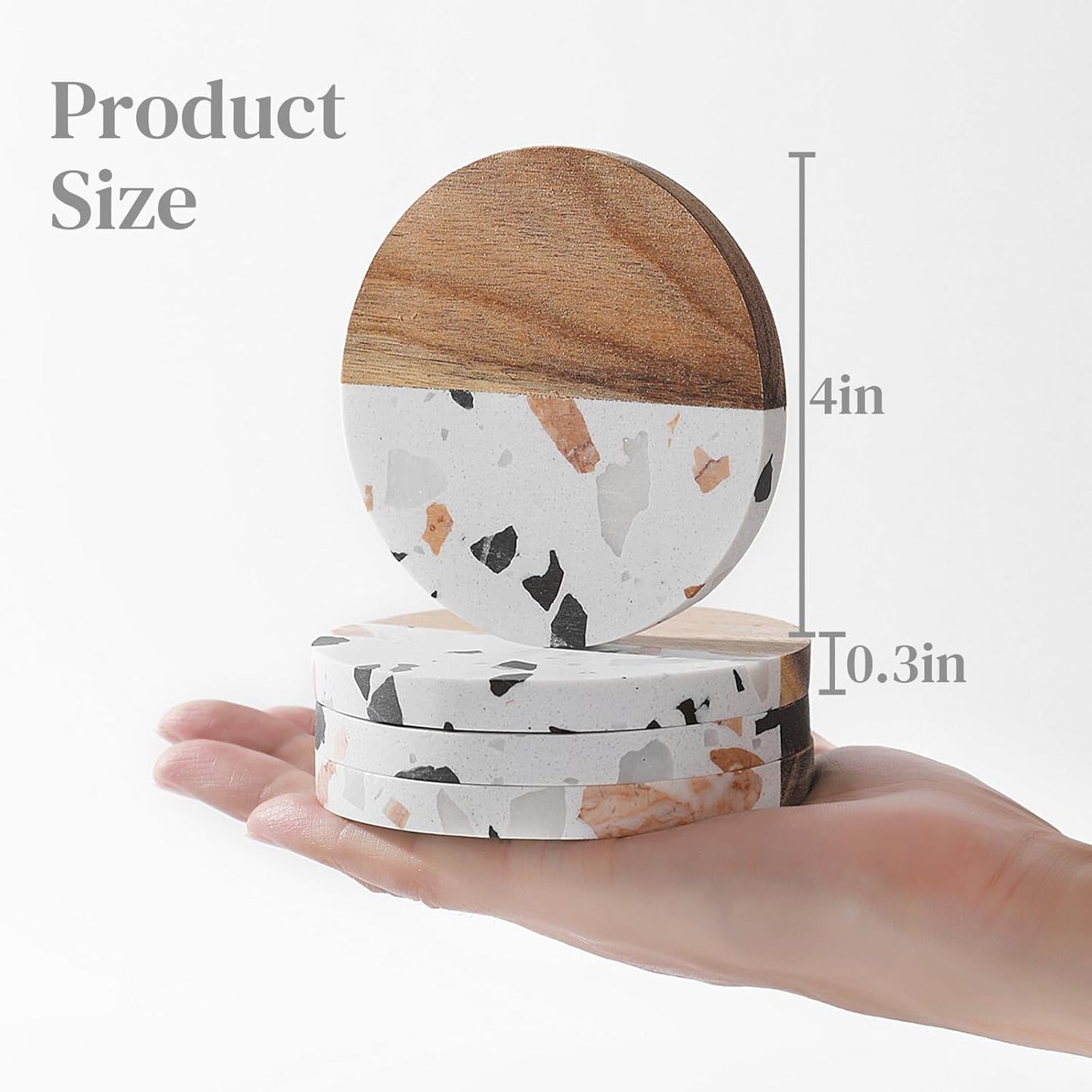 Drink Acacia Wood-Marble Coasters Set of 4,Cup Coaster for Coffee,Beverage,Cute Modern Cool Coasters for Home Decor,Table Desk Coaster Set for Housewarming,Living Room Decor (White-Wooden)