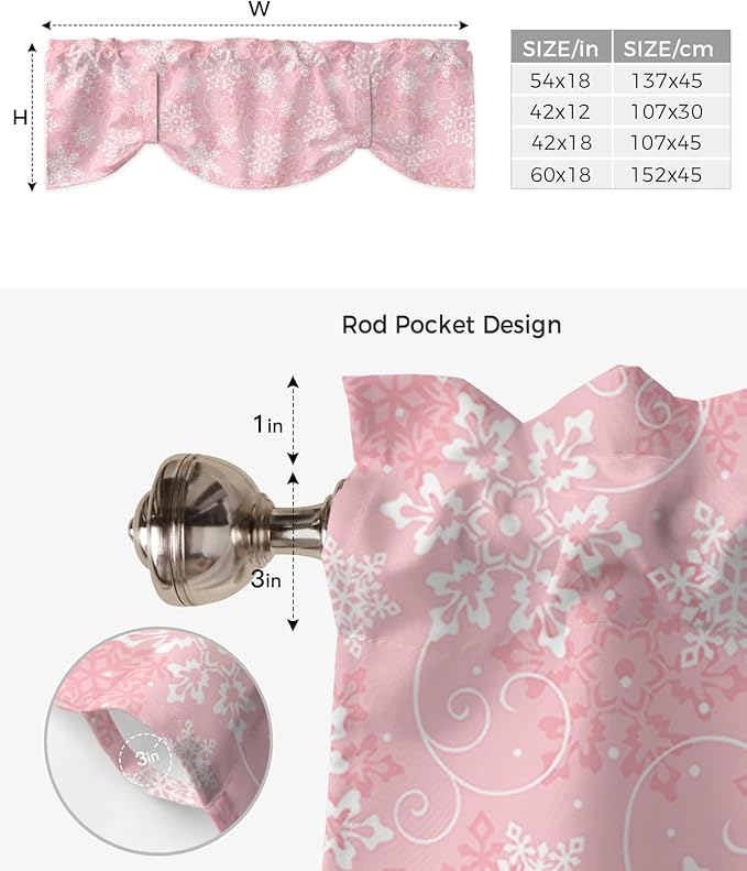 Christmas Blackout Tie Up Valance Curtains for Kitchen Windows Pink White Snowflakes Pattern Window Toppers Balloon Shades for Living Room/Bathroom/Bedroom,1 Panel, 54" X 18", Winter