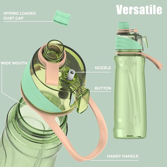 FEIJIAN Mist Water Bottle,22oz Sports Water Bottle with 2-IN-1 Mist & Sip Function, BPA-Free Plastic Water Bottles, Misting Water Bottle, Leakproof & Lightweight, Ideal for Fitness and Outdoor, Green