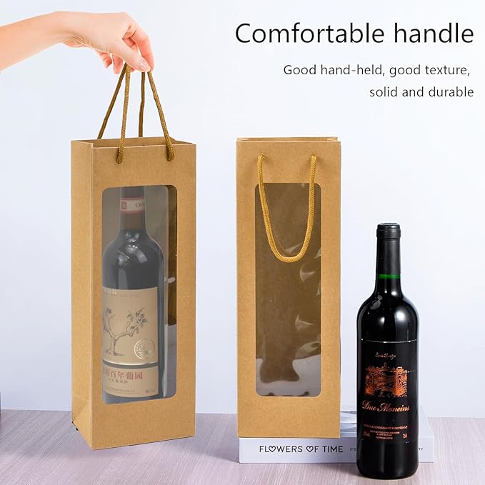 Ssyuysto 12 Pcs Wine Gift Bag with Window, 12 Pack 4.9"x3.34"x 14.1" Tall Paper Wine Bags for Wine Bottle, Brown Gift Bag for New Year Birthday Housewarming Dinner Party
