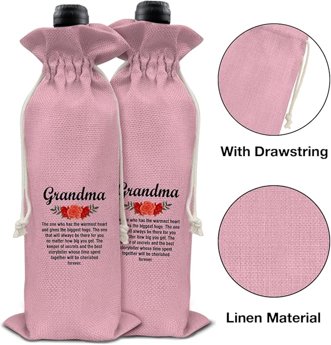 HOIJAUMAI Grandma Gift From Grandson Granddaughter, Grandma Wine Bag Grandma Wine Gift Bags for Birthday Mother's Day (Pink)