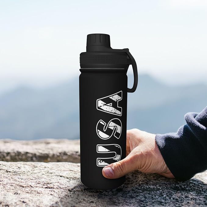 Cerburny Water Bottle Black USA Flag 18 oz Stainless Steel Insulated Bottles With Lid Wide Mouth Gym Sports Water Jug For Men Women Adult