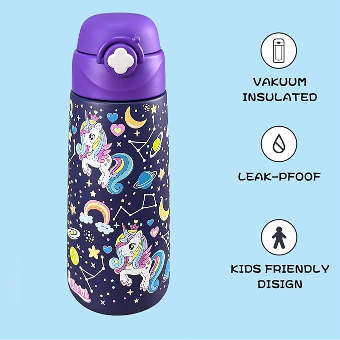 Kids Insulated Water Bottle with Covered Pop-Up Straw,16oz Kids Cups with Stainless Steel Leak Proof for School Boys Girls（Purple Unicorn-2）