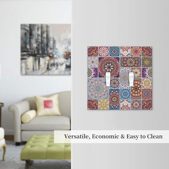 Morocco Talavera Mexican Tiles Printed Colroful Mandala Double Toggle Light Switch Covers 2 Gang Wall Plate Dual Decorative Switchplate Electrical Faceplate for Kitchen Bathroom Bedroom Decor