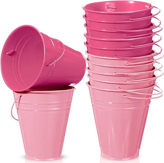 Sadnyy 12 Pack Metal Buckets with Handle, Galvanized Bucket 4.5 x 5 Inch Basket Bucket for Kids, Kids Party Supplies, Crafts for Christmas Halloween Christmas Candy Bars Vase Crafts(Pink)