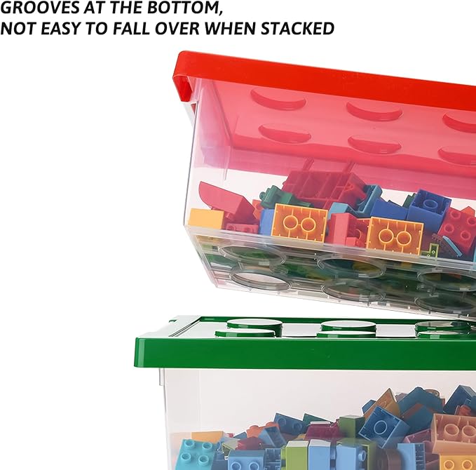 loobuu Plastic Storage Bins with Lids - Stackable Toy Storage Organizer Box Set of 4, Kids Toy Chests Container with Compatible Building Baseplate and Lid for Building Bricks - Yellow+Red+Blue+Green