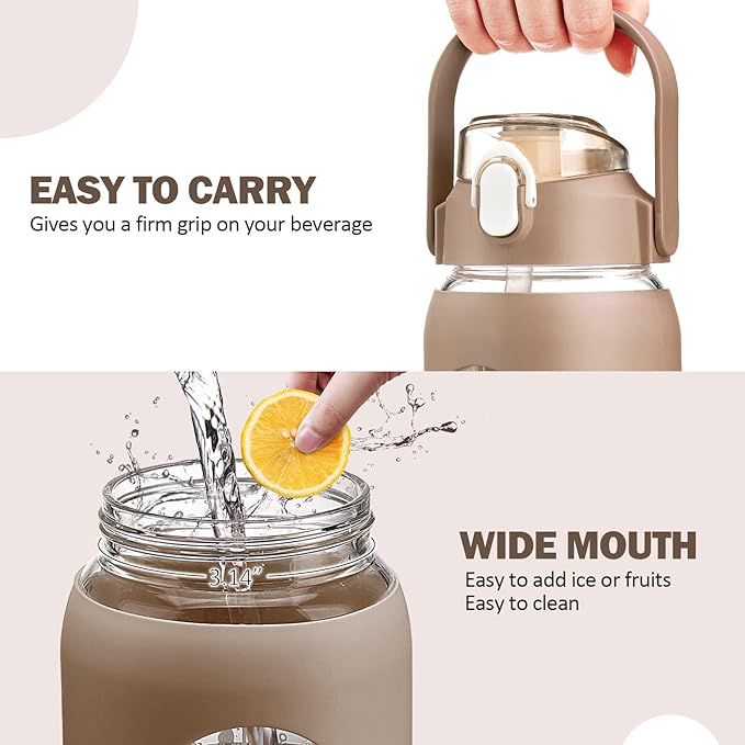 kytffu 56oz Glass Water Bottles with Straw, Motivational Glass Bottle with Silicone Sleeve and Time Marker, Leakproof Large Glass Water Jug for Gym Home Office,Amber