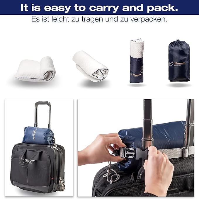 Travel & Camping Comfortable Memory Foam Pillow – Easy to Carry Portable Bag – Temperature Regulating Pillow Case (White Contour)