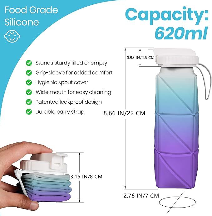 Collapsible Water Bottles with Straw Strap, BPA-Free Leak-Proof Silicone Collapsible Water Bottle Cup 620ml for Travel, Camping, Hiking, Cycling and Outdoor Sports (Blue-Purple Gradient)